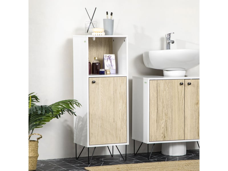 Meuble de salle de bain avec compartiment ouvert et porte, meuble en bois multifonctionnel gain de place, 31,5 x 30 x 91 cm, chêne et blanc  - Conforama D
