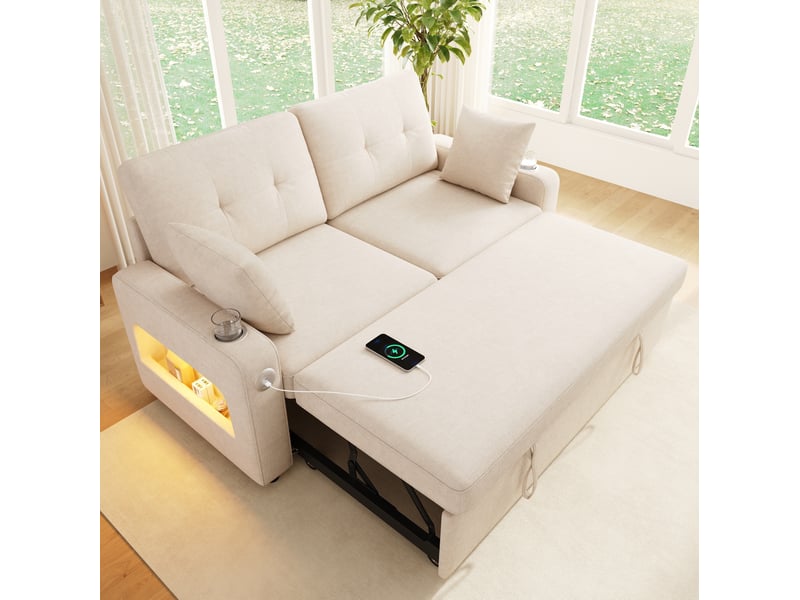  Canapé convertible 2 places avec couchage, led, ports usb et usb-c, rangements et porte-gobelets en chenille beige  - Conforama C