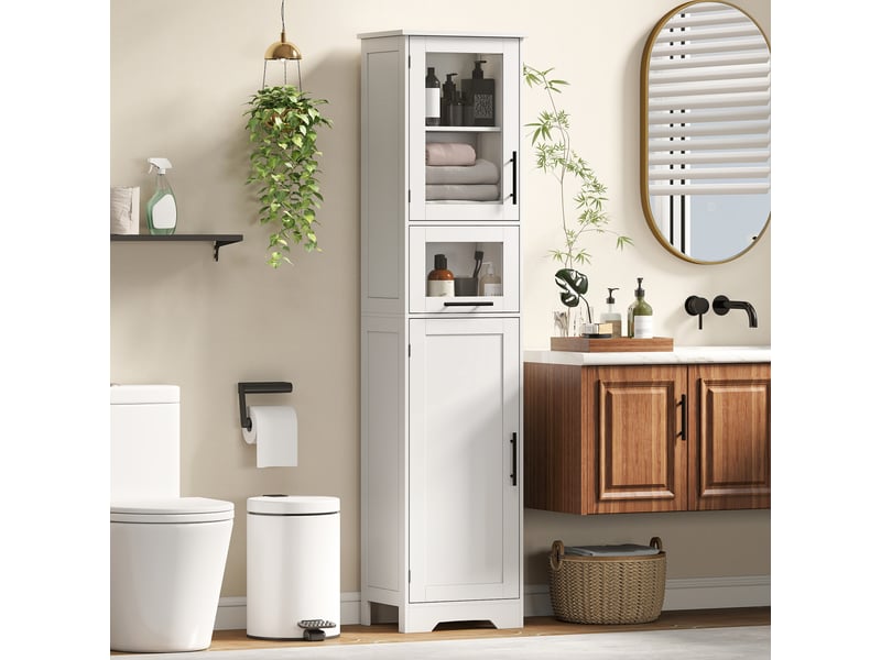  Meuble de salle de bain avec porte vitrée, étagères réglables et tiroir pour petits espaces, 40 x 31 x 170 cm, blanc  - Conforama D