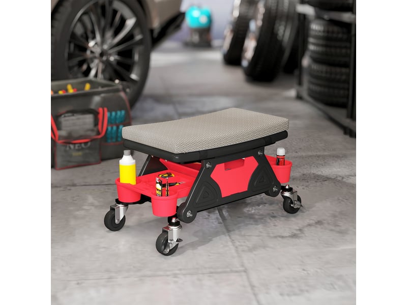  Tabouret d'atelier gris avec roulettes et surface de rangement d'une hauteur de 35 cm supportant jusqu'à 135 kg  - Conforama B