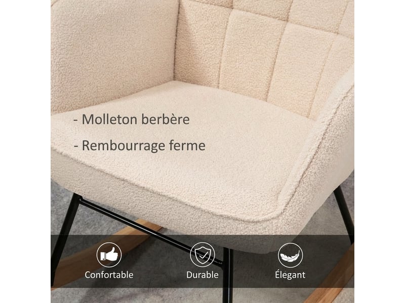  Fauteuil à bascule beige en tissu bouclette avec base en bois de hêtre 71x98x101 cm  - Conforama W