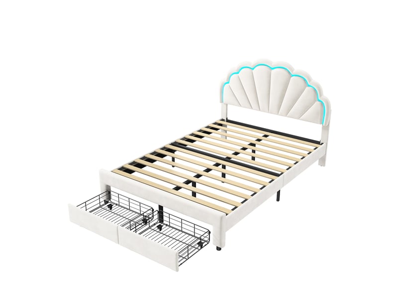  Lit simple 140x200, éclairage led et tiroir de rangement, lit enfant, tête de lit coquillage ajustable, velours, blanc  - Conforama A