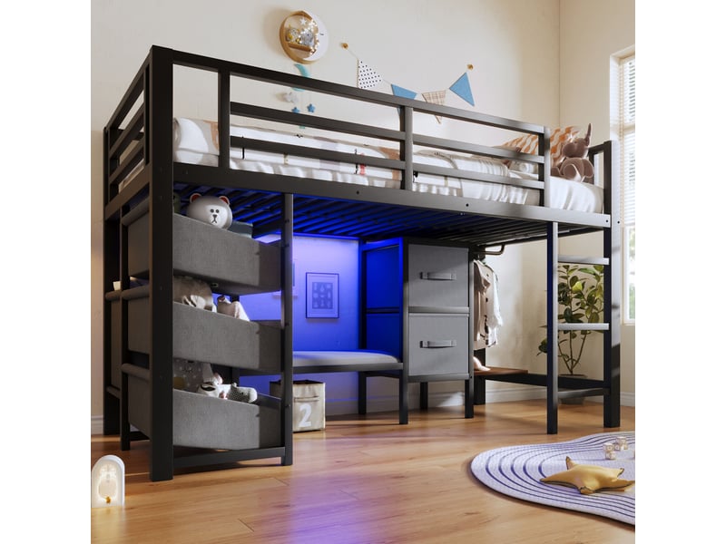  Lit mezzanine enfant mi-hauteur 90x200 cm avec led multicolore, tiroir et poche en tissu, crochets à vêtements, métal noir  - Conforama D