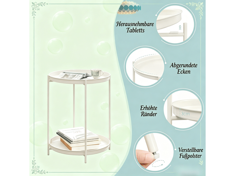 Table d’appoint ronde avec 2 plateaux amovibles - lpospi - pieds réglables, métal blanc crème 44 × 44 × 53 cm  - Conforama E