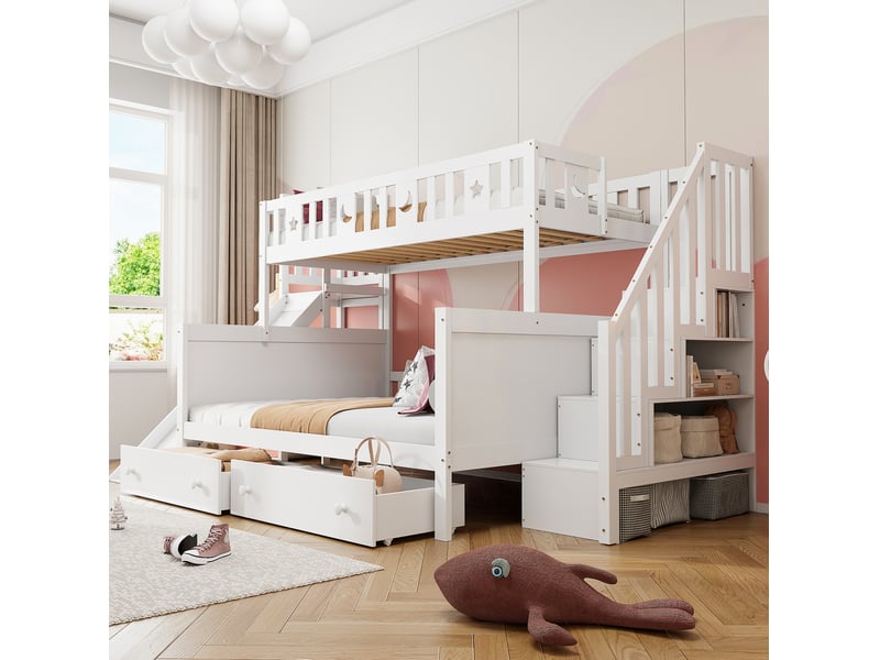  Lit superposé enfant tcqpz 90 x 200 et 140 x 200 cm avec toboggan, escalier de sécurité, 2 tiroirs, sommier à lattes, bois, blanc  - Conforama E
