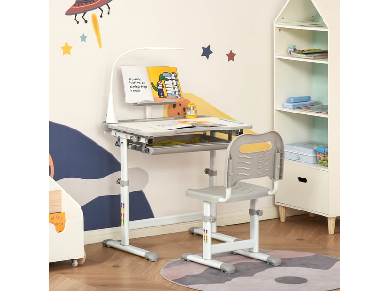  Bureau d'écolier avec chaise pour enfants de 6 à 12 ans, hauteur et inclinaison réglables, gris  - Conforama C