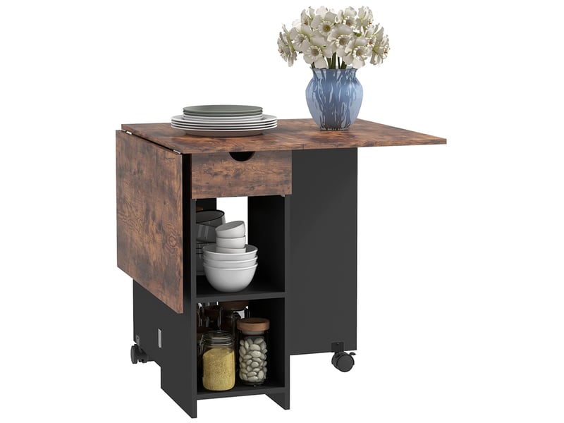  Table de cuisine pliante à roulettes avec tiroir rabattable et étagères pour 2 à 4 personnes, 120 x 72 x 75 cm, marron rustique et noir  - Conforama A