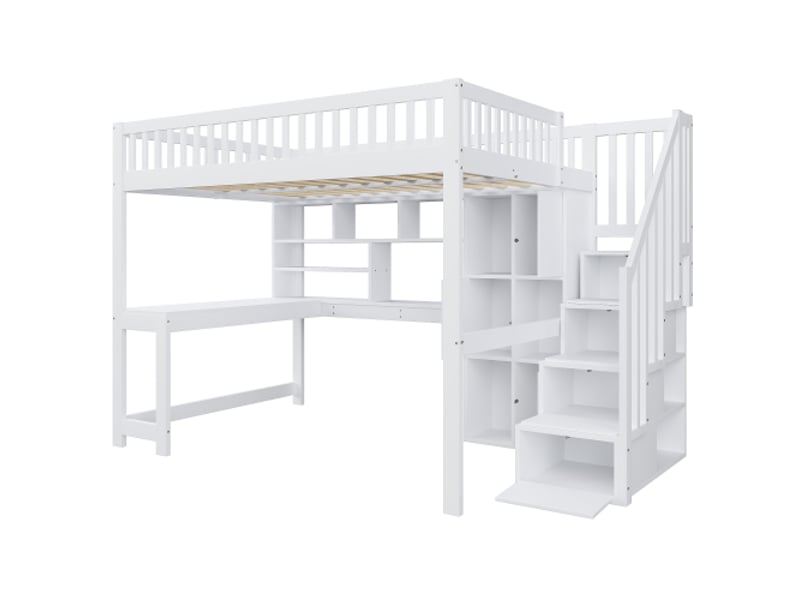Lit mezzanine blanc 140x200 cm led - rangement: échelle, étagères, bureau intégré - sans matelas - Conforama A