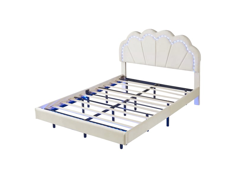  Lit double 140x200 cm, lit enfant avec tête de led réglable et sommier à lattes, lit flottant design forme couronne pour adolescents, velours, beige  - Conforama R