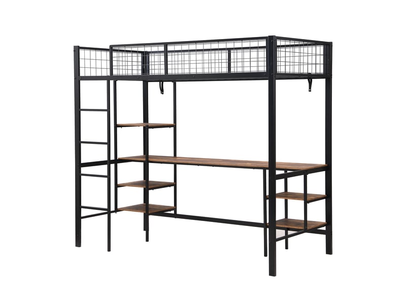Lit mezzanine 90 × 200 cm avec bureau, étagères et échelle 4 marches, noirbois foncé IKSETERA TRADING LTD - Conforama R