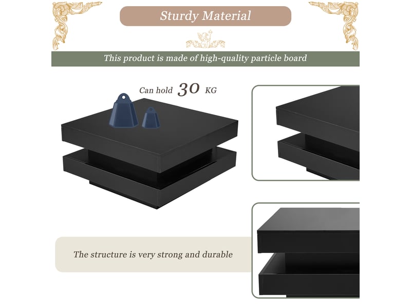  Table basse carrée led avec commande bluetooth pour salon 70×70×36 cm en panneaux de particules noir  - Conforama C