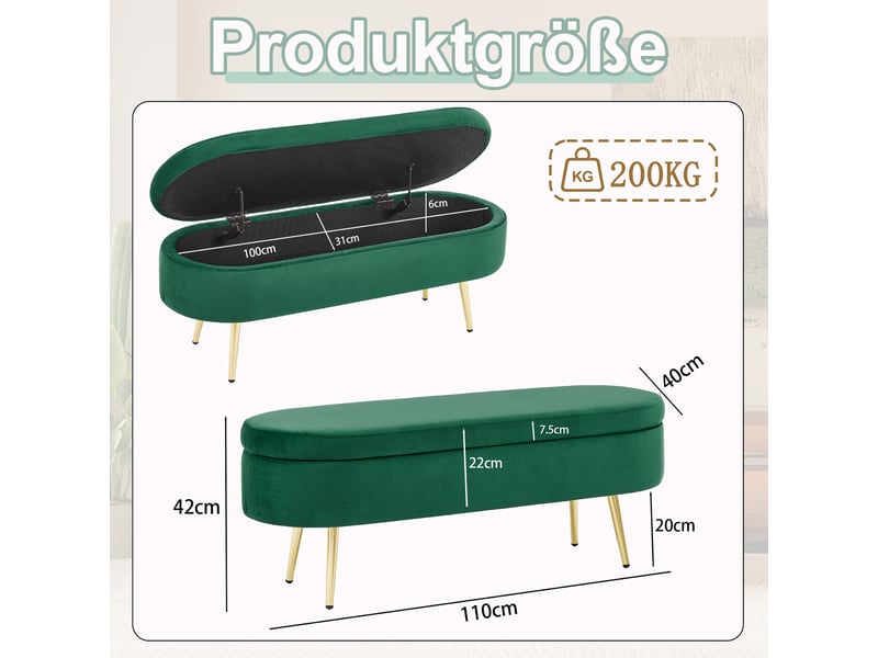  Banc coffre 20 l en velours vert et pieds en métal 110 x 40 x 42 cm W3358P451517 - Conforama C