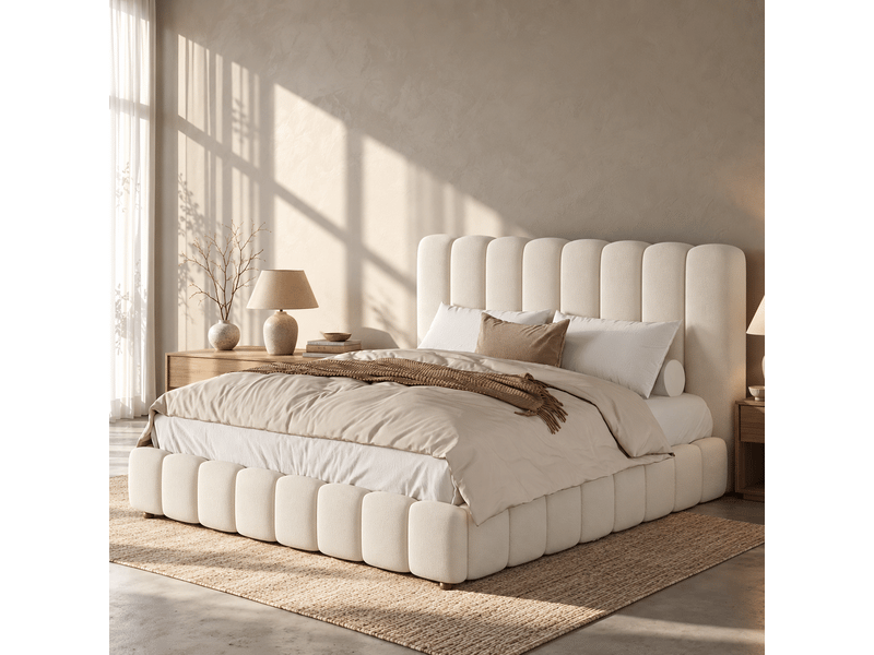 Lit double 200x200 cm avec sommier à lattes inclus, velours beige - Conforama R
