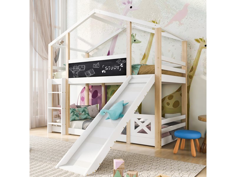  Modenvie lit mezzanine cabane enfant 90x200 cm - avec toboggan amovible et tableau, sans matelas - blanc  - Conforama D