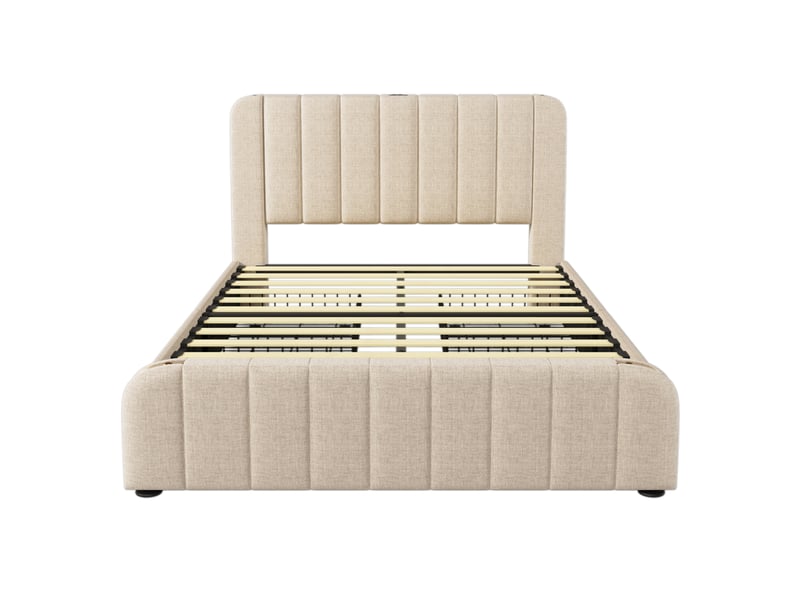  Lit double 160x200 cm beige en lin, 4 tiroirs, tête de lit avec usb type-c et rangement intégré  - Conforama D