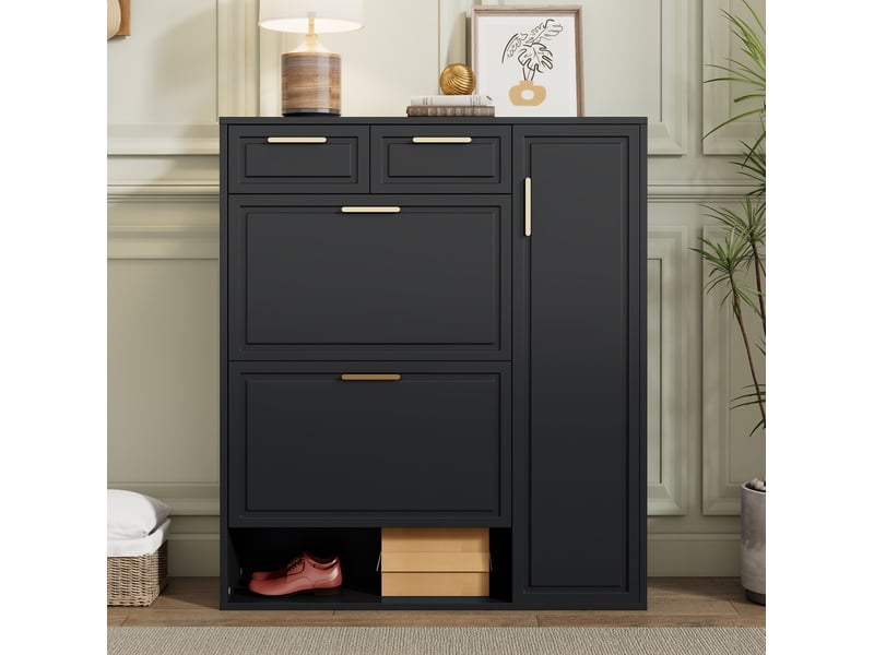  Meuble à chaussures ulevr avec rangement, 2 tiroirs et étagères réglables, 95 x 24 x 107 cm, panneaux de particules mdf, noir  - Conforama D