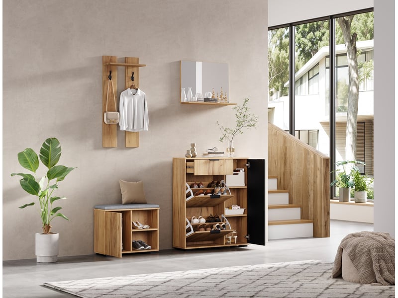  Ensemble vestiaire d'entrée 140x35x139 cm avec banc à chaussures panneau de particules naturel et noir  - Conforama C