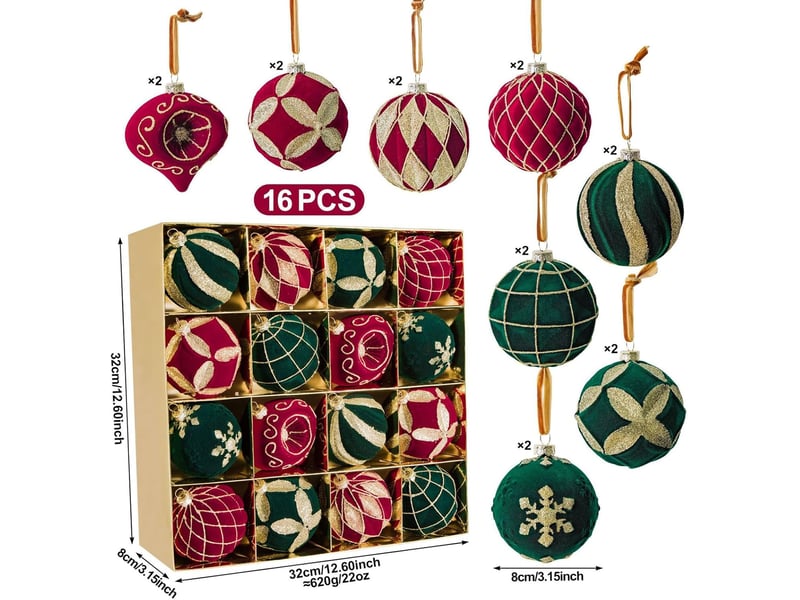  Lot de 16 boules de noël 8 cm, décorations suspendues pour sapin de noël, ornements de fête pour maison, vin et vert foncé  - Conforama E