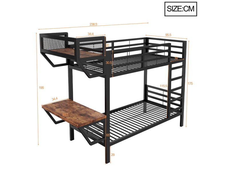 Lit superposé - 90x200 cm - bureau intégré - sommier à lattes - rangements intégrés - structure métal - lit enfant - noir CozyNest - Conforama D