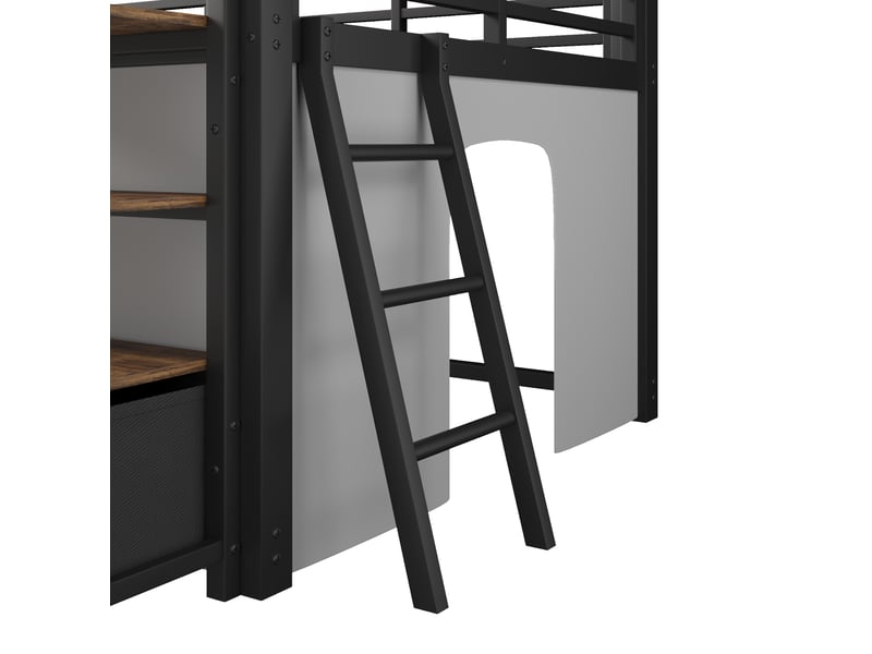  Lit mezzanine 140x200 cm en métal et mdf avec bureau, rangement, tiroirs en tissu, rideau et led noir chicfurn  - Conforama E