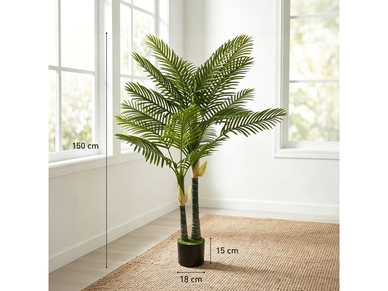Palmier artificiel de 150 cm, avec 16 palmes, grande plante artificielle en pot pour salon ou balcon, vert - Conforama E