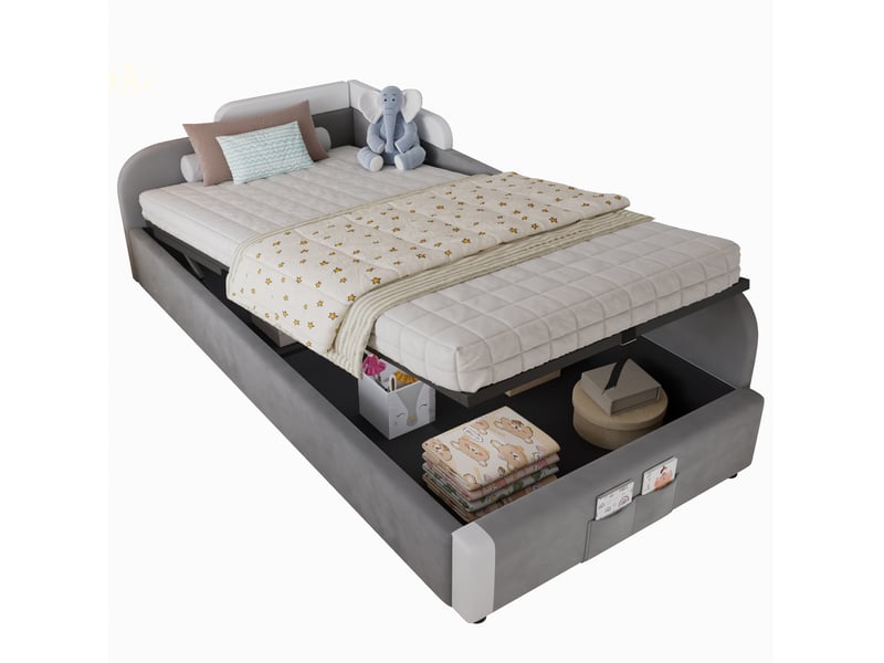 Lit coffre enfant 90x200 cm, espace de rangement et sommier, panneau latéral droit, velours, gris, blanc, sans matelas - Conforama A