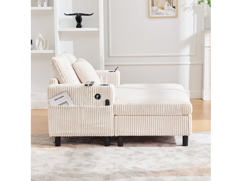 Fauteuil relax chaise longue fixe 1 place en velours côtelé beige avec usb, led et porte-gobelets pour salon  - Conforama D