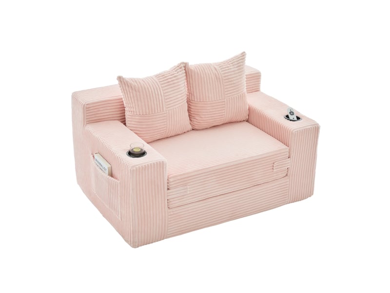  Canapé-lit 2 places 151 x 133 x 64 cm rose en velours côtelé, poches latérales et porte-gobelet  - Conforama A
