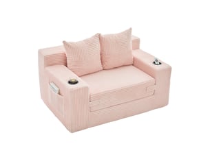 Canapé-lit 2 places 151 x 133 x 64 cm rose en velours côtelé, poches latérales et porte-gobelet
