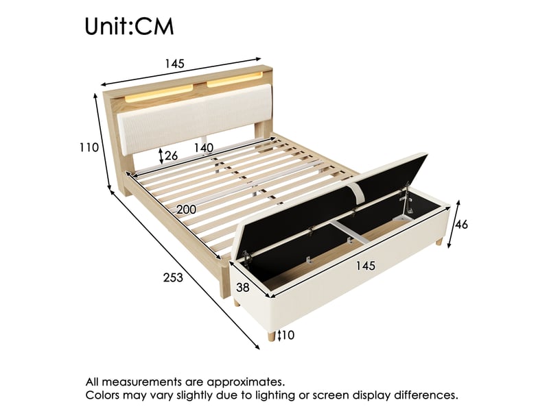  Lit double 140x200 cm, bois, beige, doté de banquette de rangement, tête de lit avec rangement et éclairage led, matelas inclus  - Conforama C