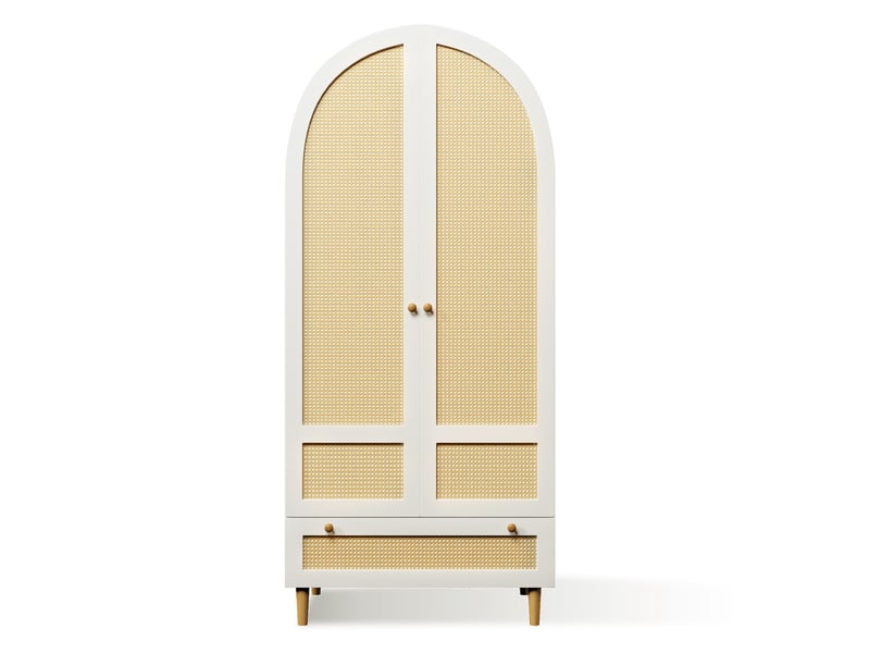 Armoire penderie, tringle, étagère haute, tiroir, fermeture douce, 80x50x180 cm, portes arquées en rotin, poignées en bois massif, style bohème, blanc Morn Vibe - Conforama A