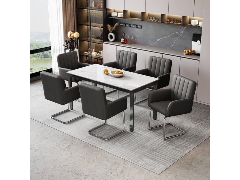  Chaises de salle à manger lot de 6 à dossier ergonomique  - pieds métal en z, similicuir noir  - Conforama B