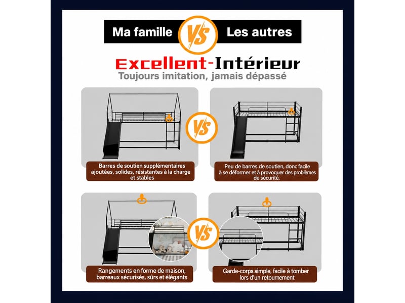 Lit superposé enfant avec toboggan 90 x 190 cm - structure cabane en métal noir  - Conforama E