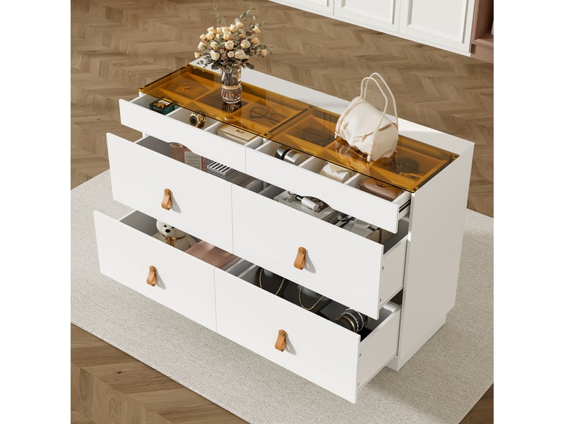  Commode 6 tiroirs 120x40x78 cm – blanc – plateau en verre transparent et rangement compartimenté  - Conforama E
