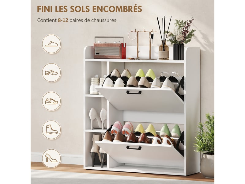 Meuble à chaussures 15 paires, armoire à chaussures moderne avec 2 tiroirs rabattables, 83x24x90,5cm, blanc - Conforama E