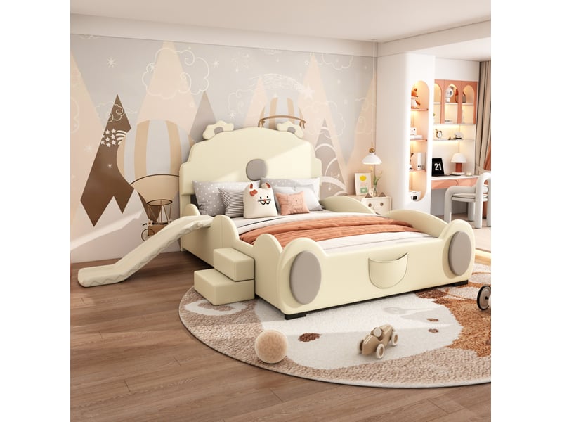  Lit enfant 140 x 200 cm avec toboggan et échelle, motif ours, coloris beige  - Conforama D