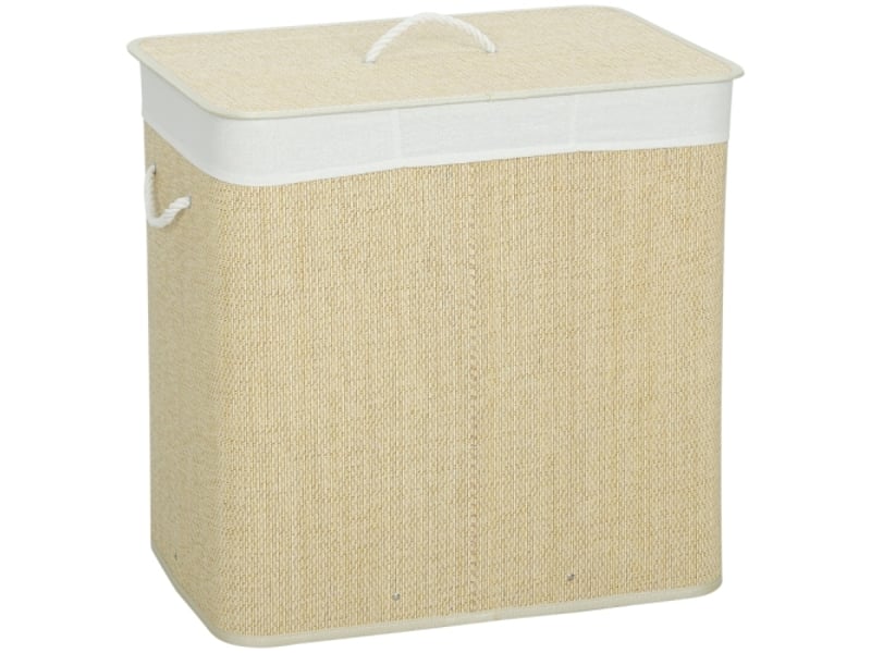  Panier à linge en bambou 144 l avec couvercle, 3 compartiments, poignées en corde et sac amovible  - Conforama A