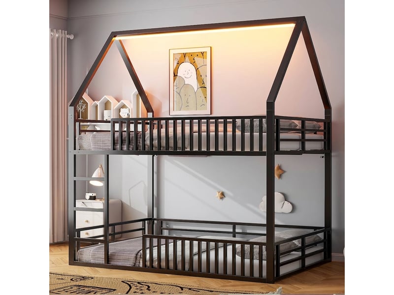  Lit cabane superposé 140x200 en métal avec led et barrière de sécurité, noir  - Conforama B