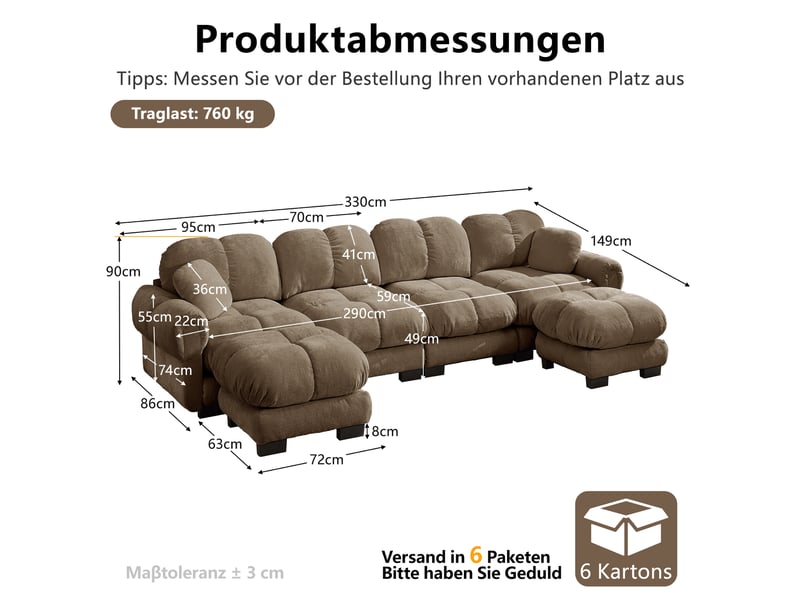  Canapé panoramique en u 4 places modulable avec 2 poufs - lpospi - dossier incurvé chenille marron 330 × 149 × 90 cm  - Conforama D