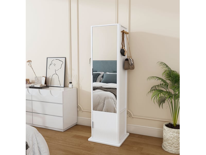  Armoire à bijoux pivotante 360 degrés avec miroir sur pied, rangement, étagères et 6 crochets, blanche  - Conforama B