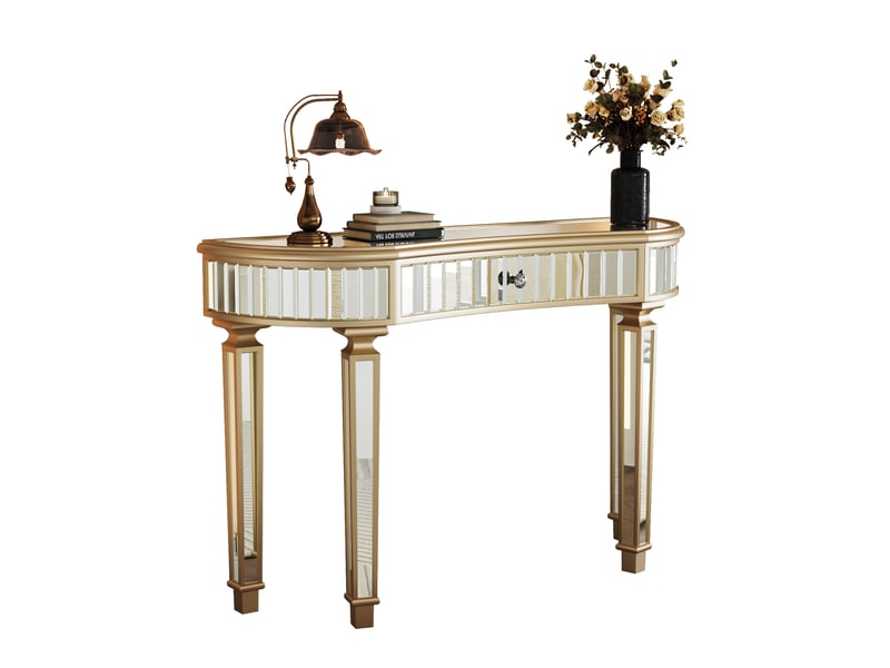  Console demi-lune miroir 120x38x78 cm dorée et argentée avec tiroir  - Conforama A