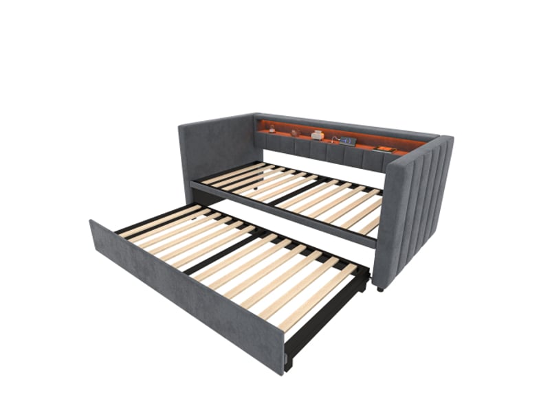 Lit gigogne 90x190 cm avec port usb type-c, éclairage led, étagères de rangement, en velours, sans matelas, gris - Conforama D