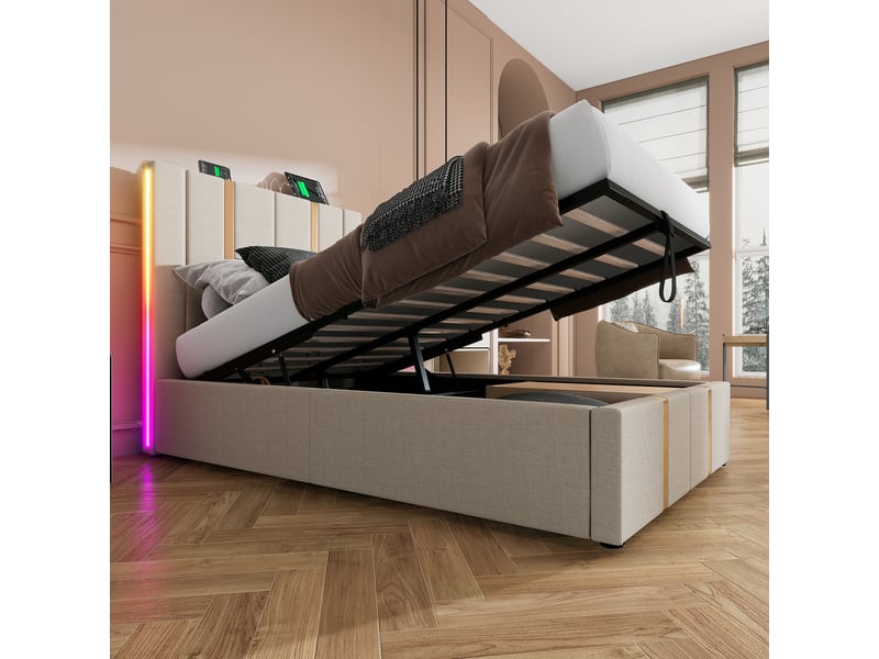  Lit coffre, lit simple en lin beige avec usb, type-c et led réglable, couchage 200x90 cm, sans matelas  - Conforama C