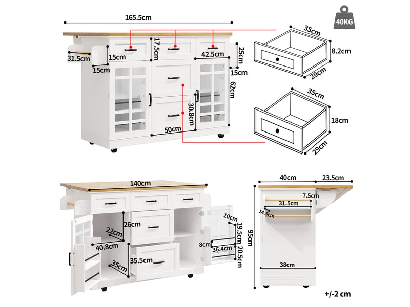 Meuble de cuisine - îlot mobile avec 5 tiroirs, 2 portes et étagère réglable, blanc, 140x40(63,5)x95 cm  - Conforama E