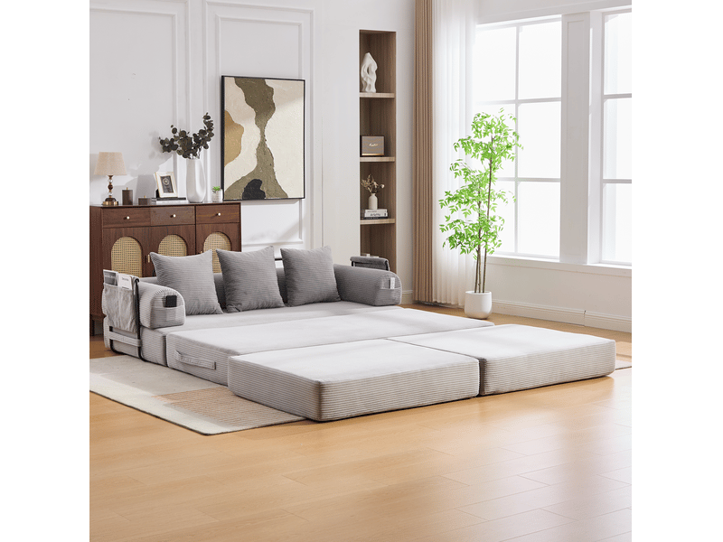  Canapé modulable 3 places en velours côtelé gris clair avec pouf et 3 coussins, confort pour le salon  - Conforama E