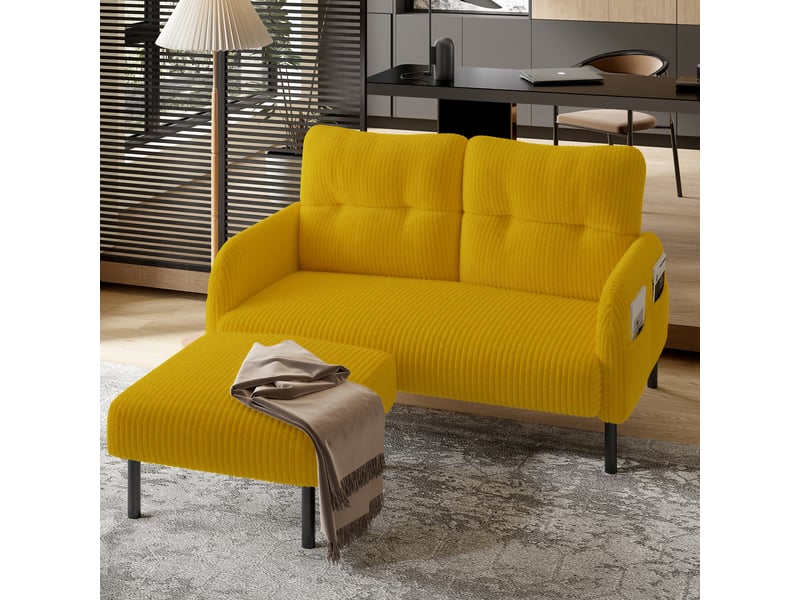  Canapé droit 2 places 120x75 cm avec poches latérales, velours côtelé jaune moutarde Morn Vibe - Conforama D