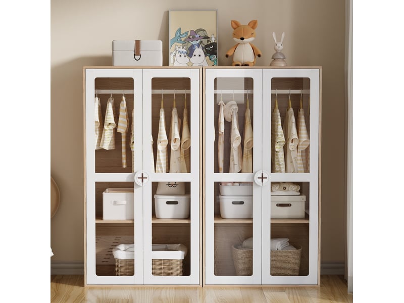Armoire 2 éléments avec portes acryliques, étagères réglables et penderies, blanc et bois naturel, 160 × 50 × 150 cm - Conforama C