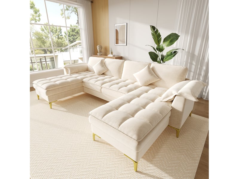 Canapé panoramique en u 4 places modulable avec deux méridiennes, coussins et pieds métalliques dorés en chenille beige - Conforama D