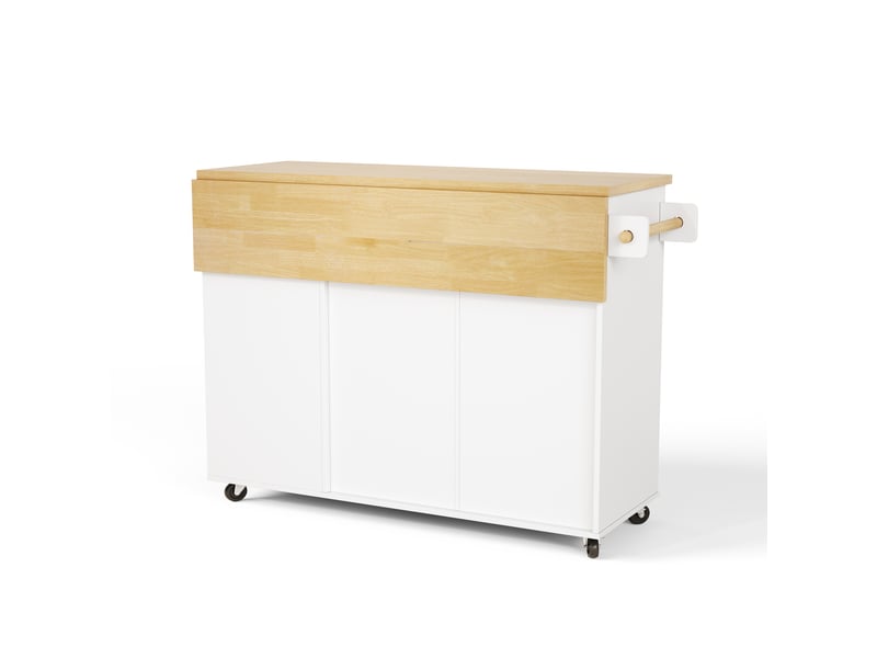 Îlot de cuisine mobile avec plan de travail rabattable, rangement et espace poubelle, îlot central blanc et bois sur roulettes, 130x70x93cm - Conforama W