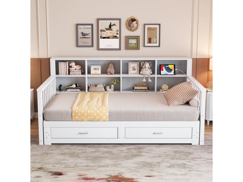 Canapé-lit extensible 90/180x190 cm avec rangements, prise et 2 tiroirs, pin blanc, sans matelas - Conforama R